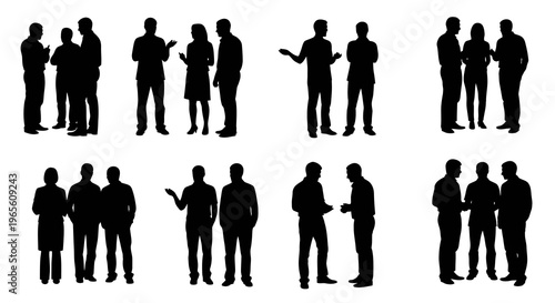 Black Silhouette of People in Conversation, Business Meeting, Flat Icon Style
