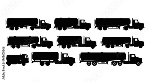 Black and white silhouette of tanker trucks in rows, vector illustration