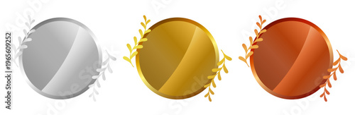 シルバー・ゴールド・ブロンズの光沢感ある表彰用メダルと月桂樹装飾フレームの高級アイコンセット