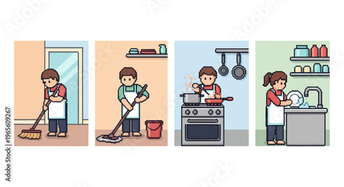 Flat Vector Illustration of People Doing Household Chores