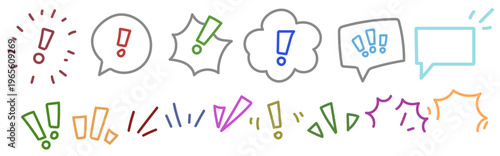 カラフルで手描き風の強調記号と吹き出しのエクスクラメーションマークアイコンセット（注意・驚き・強調表現用）