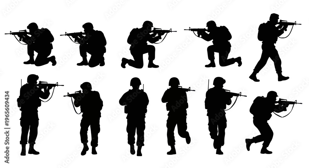 Fototapeta premium Tactical Army Soldiers with Weapons Silhouette Vector Collection