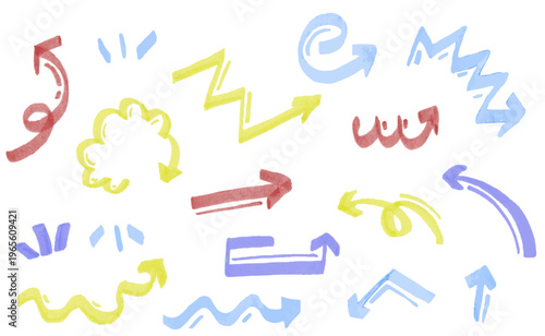 手描き風のカラフルな矢印と線のセットでポップで自由な動きを表現したイラスト素材集