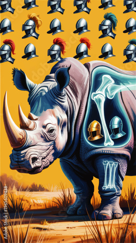 Surreal rhino with glowing x ray bones and knight helmets pattern on yellow background, fantasy wildlife illustration