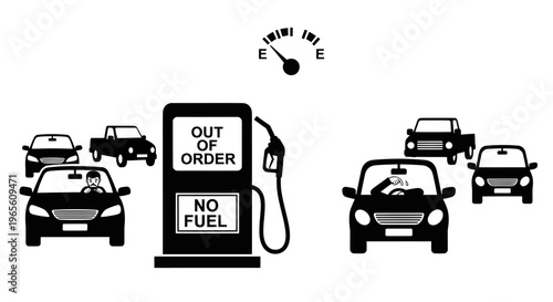 Automotive Fuel Crisis Black  White Glyph: Out of Order Gas Pump, Empty Gauge, Frustrated Drivers
