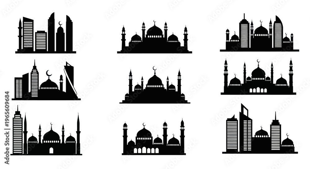 Fototapeta premium Islamic City Skyline Silhouettes: Mosques and Modern Urban Architecture Glyph Icons