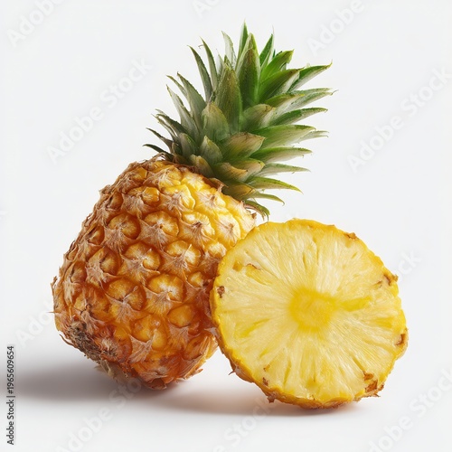 Fresh pineapple fruit on white background, whole tropical pineapple with sliced cross section, juicy yellow food closeup