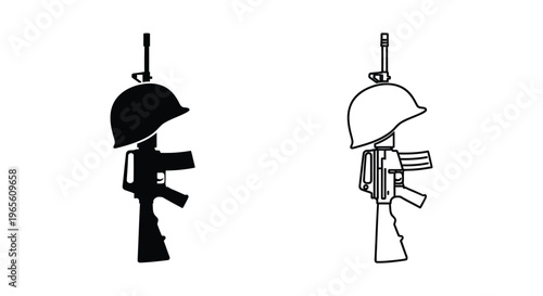 Military fallen soldier memorial icon set, rifle with helmet silhouette and line art, battlefield cross tribute for veterans day and memorial day