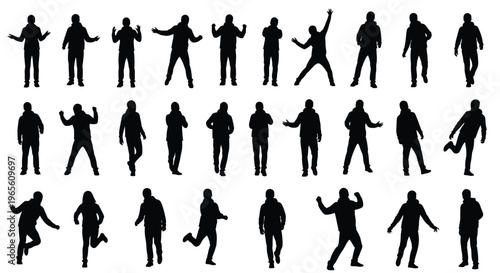 Collection of male human figure silhouettes performing various dynamic gestures and actions
