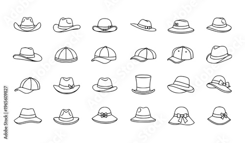 Minimal cartoon hats icon set with cowboy derby straw and panama headwear black and white vector illustration