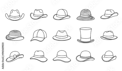 Cartoon hats line icons set with cowboy derby straw panama and vintage headwear black and white vector