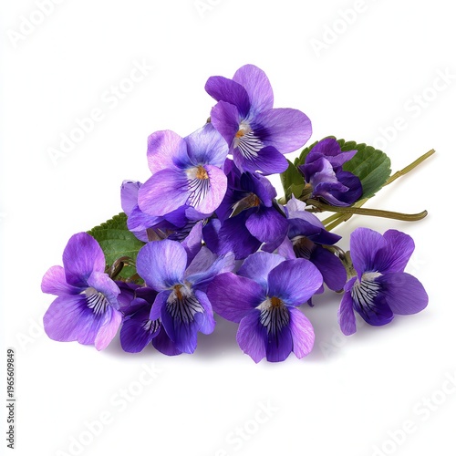 Vibrant purple violets bouquet on white background, delicate spring wildflowers, floral arrangement for design and decor