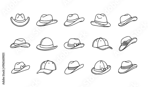 Modern hat outline icons collection with cowboy straw panama and vintage fashion headwear vector