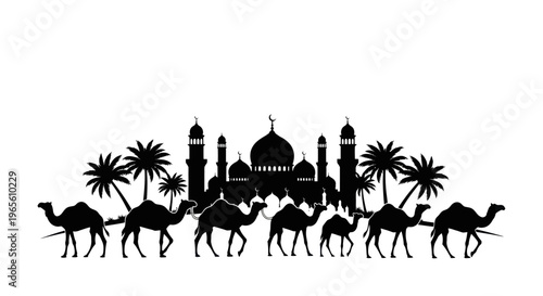 Islamic desert caravan with camels and mosque silhouette, black and white