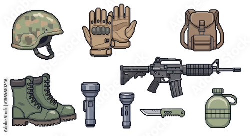 Pixel Art Military Gear: Helmet, Gloves, Boots, Gun, Backpack, Knife, Canteen