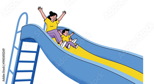Joyful mother and child having fun sliding down a playground vector illustration