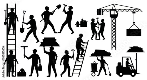 Black and White Construction Workers Silhouette with Crane and Forklift
