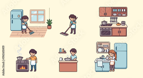 Children helping with kitchen chores, flat pixel art illustration