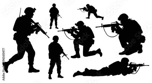 Black Silhouette of Soldiers in Combat Poses with Rifles