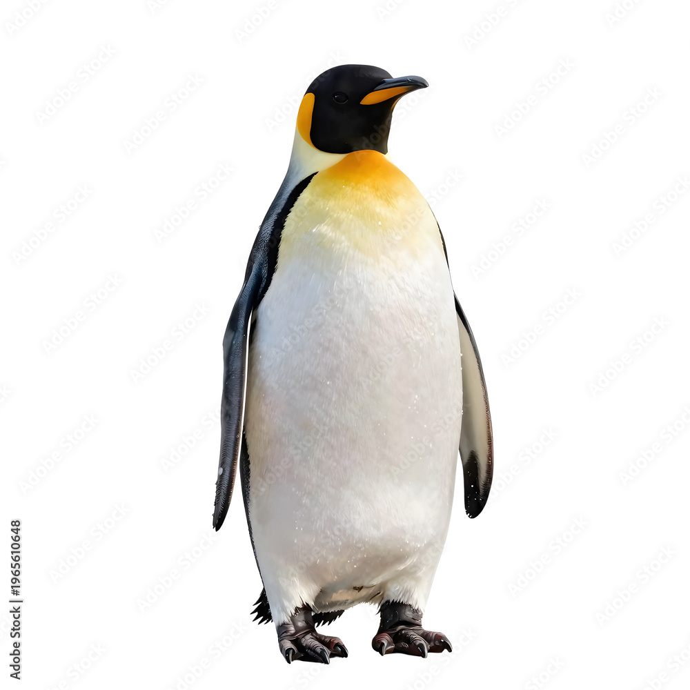 Fototapeta premium Majestic emperor penguin standing tall against a sleek black backdrop in sharp focus
