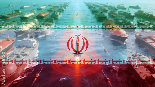 Geopolitical conflict in the Strait of Hormuz: oil tanker under naval monitoring; missile risk and maritime security. Iran war