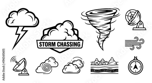 Storm Chasing Icons: Lightning, Tornado, Radar, Wind, Compass, Clouds