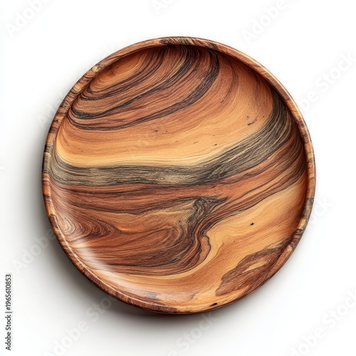 Rustic round wooden plate with natural wood grain, brown marbled swirl texture, isolated tabletop serveware
