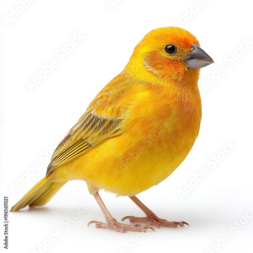 Yellow canary bird isolated on white background, vibrant songbird profile, small pet bird wildlife studio cutout