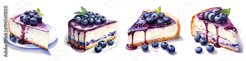 Watercolor illustration showcases blueberry cheesecake slices on a black background