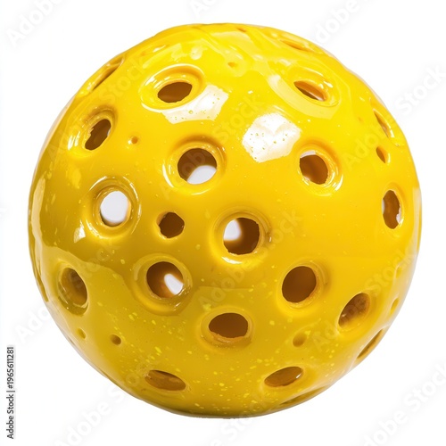 Yellow perforated plastic ball close-up, glossy toy sphere with holes, isolated on white for sport and play designs