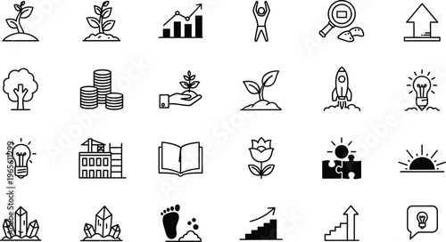 Business growth icons: startup, investment, success, and development concepts, speech bubble