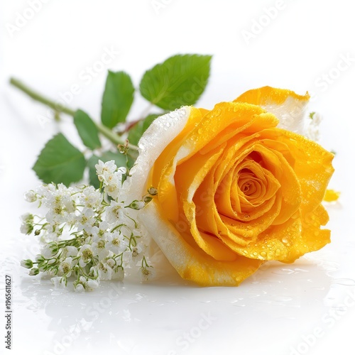 Yellow rose flower with water droplets, white floral bouquet and green leaves on clean white background, romantic macro