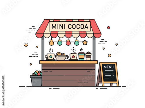 Mini cocoa stall a small stand displaying hot chocolate cups with gentle steam and a simple menu sign. The composition conveys warmth, comfort, and seasonal