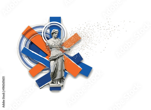 ancient greek statue breaking apart into grains of sand, blue and orange geometric blocks intersecting the composition, circular halo element around statue,