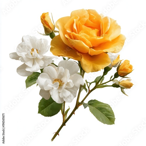 Yellow rose and white blossoms bouquet, isolated floral cutout on white background, elegant botanical design element