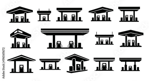 Black  White Gas Station Icons, Automotive Industry Glyph Art