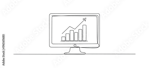 Performance Metrics Scene. Minimalistic one-line drawing monitor showing stacked bar chart and small trend arrow, continuous single black line on white