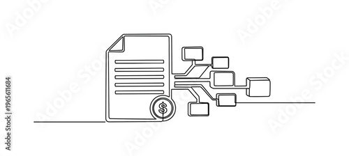 Smart Contract Symbol. Minimalistic one-line drawing document outline linked with chain block nodes and small coin accent, continuous single black line on