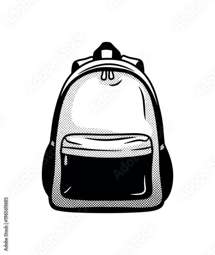 A simple backpack silhouette with bold engraved edges and minimal halftone shading, black and white editorial illustration, strong contrast, isolated object,