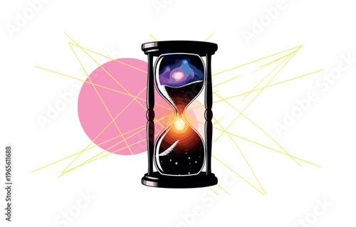 hourglass transforming into a cosmic container of stars, large pink circle and diagonal grid lines in background, symbolic conceptual composition, high