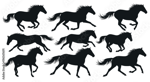 Silhouette Horses Galloping Set Vector Black Animal Icon