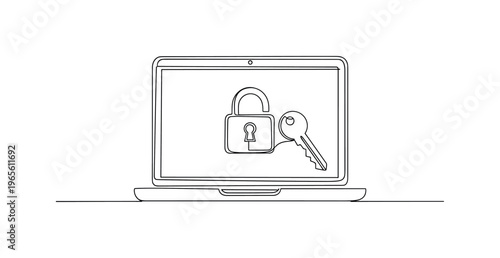 Digital Security Scene. Minimalistic one-line drawing laptop screen displaying lock icon with key beside, continuous single black line on white background,