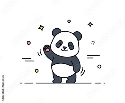 Tiny panda wave a little panda raising its paw with subtle motion lines and clean minimal background. A simple and charming visual representing greeting and