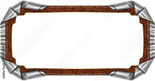 A decorative metal and wood frame with a blank white interior on a plain background