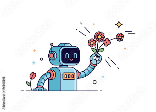 Flower gathering robot a cute robot holding a few flowers while reaching for another with gentle motion accents. A playful and optimistic visual of interaction