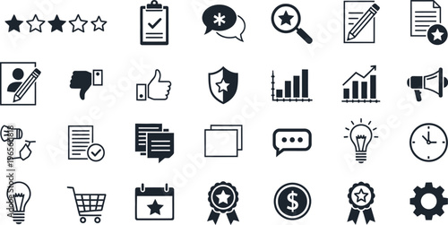 Customer feedback and business icons: ratings, reviews, and engagement, thumbs up, thumbs down, light bulb