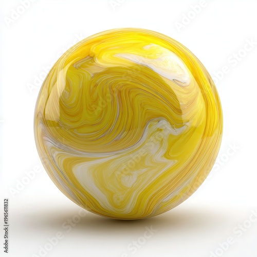 Abstract yellow marbled glass sphere, glossy 3D orb on white background, modern decorative geometric object for design