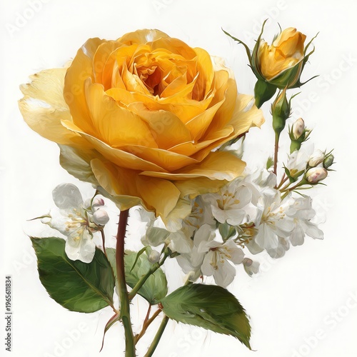 Vintage yellow rose flower, romantic botanical still life on white, delicate petals and buds for wedding decor design