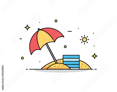 Beach umbrella scene a tiny umbrella shading a small spot of sand with a simple towel and gentle sun accents. A calm and relaxing composition capturing quiet