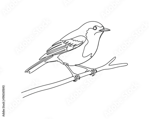 Nature Pause. Minimalistic one-line drawing a bird touching down on a branch with balanced posture, continuous single black line on white background, simple